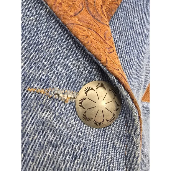 Frontier Vtg Denim Leather Cropped 1 Button Western Jacket. Ladies Size Large - Picture 5 of 15
